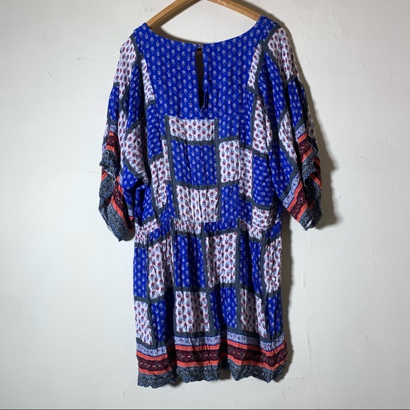 American eagle patchwork flow boho blue red white tunic dress shirt SZ L Viscose - Picture 6 of 9